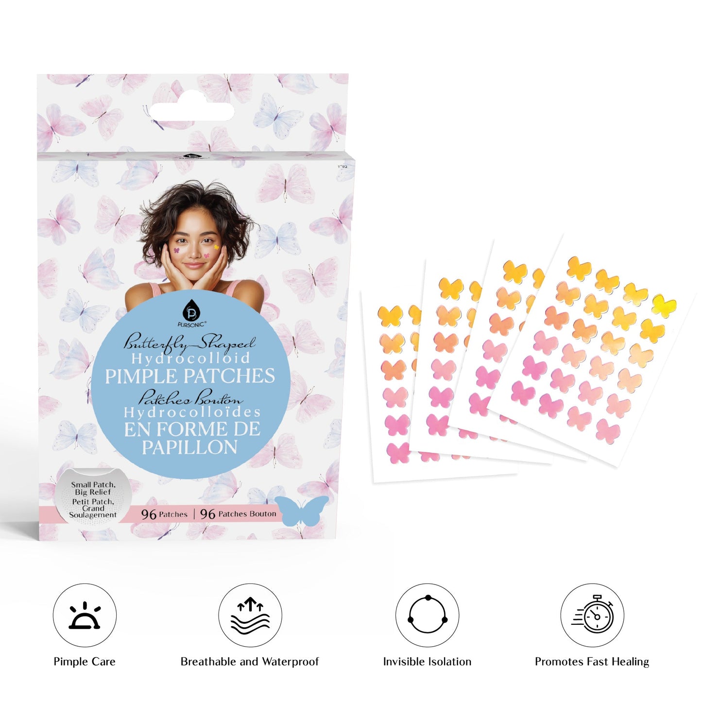 Pursonic Clear Skin Bundle: 3 Packs of Hydrocolloid Pimple Patches (Classic, Butterfly, & Multi-Size)-3