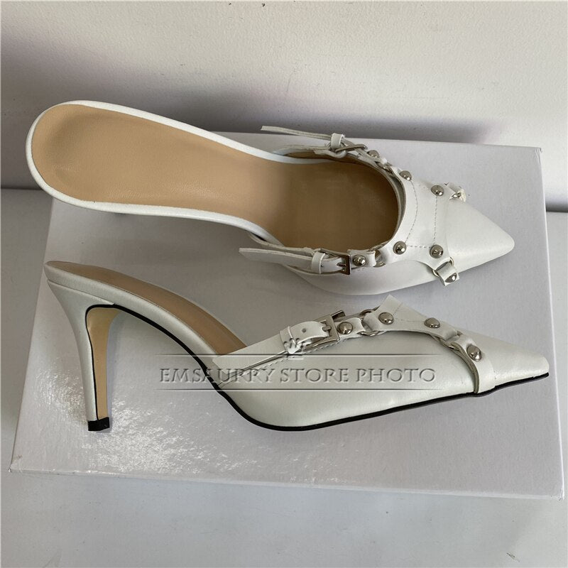 Sexy Rivet Decor Buckle Belt Point Toe Sandals Women Thin High Heel Genuine Leather Slingbacks Party Shoes Summer