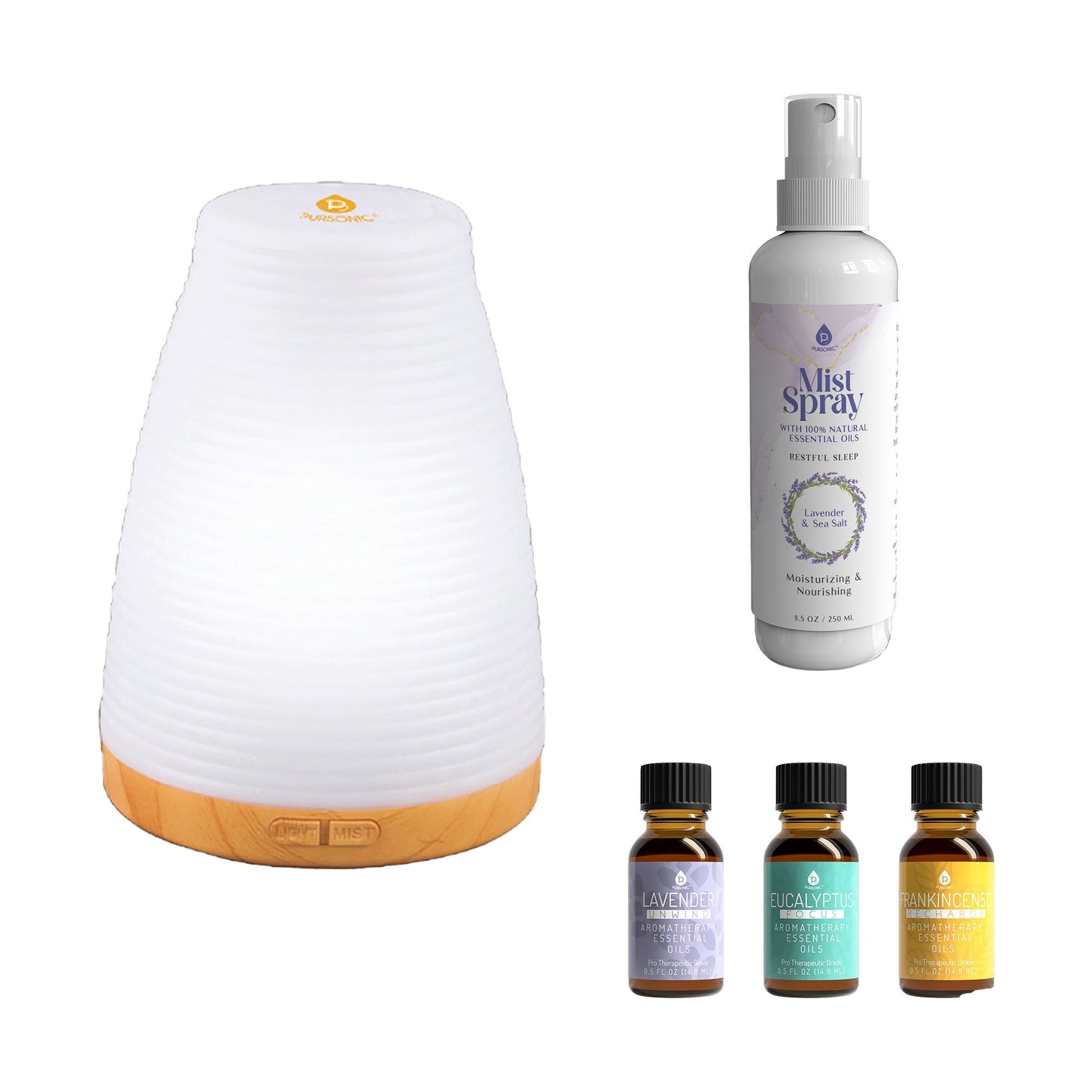 Pursonic Aromatherapy Essentials Bundle with USB Diffuser, 3-Pack Oils, and Lavender Mist Spray-0