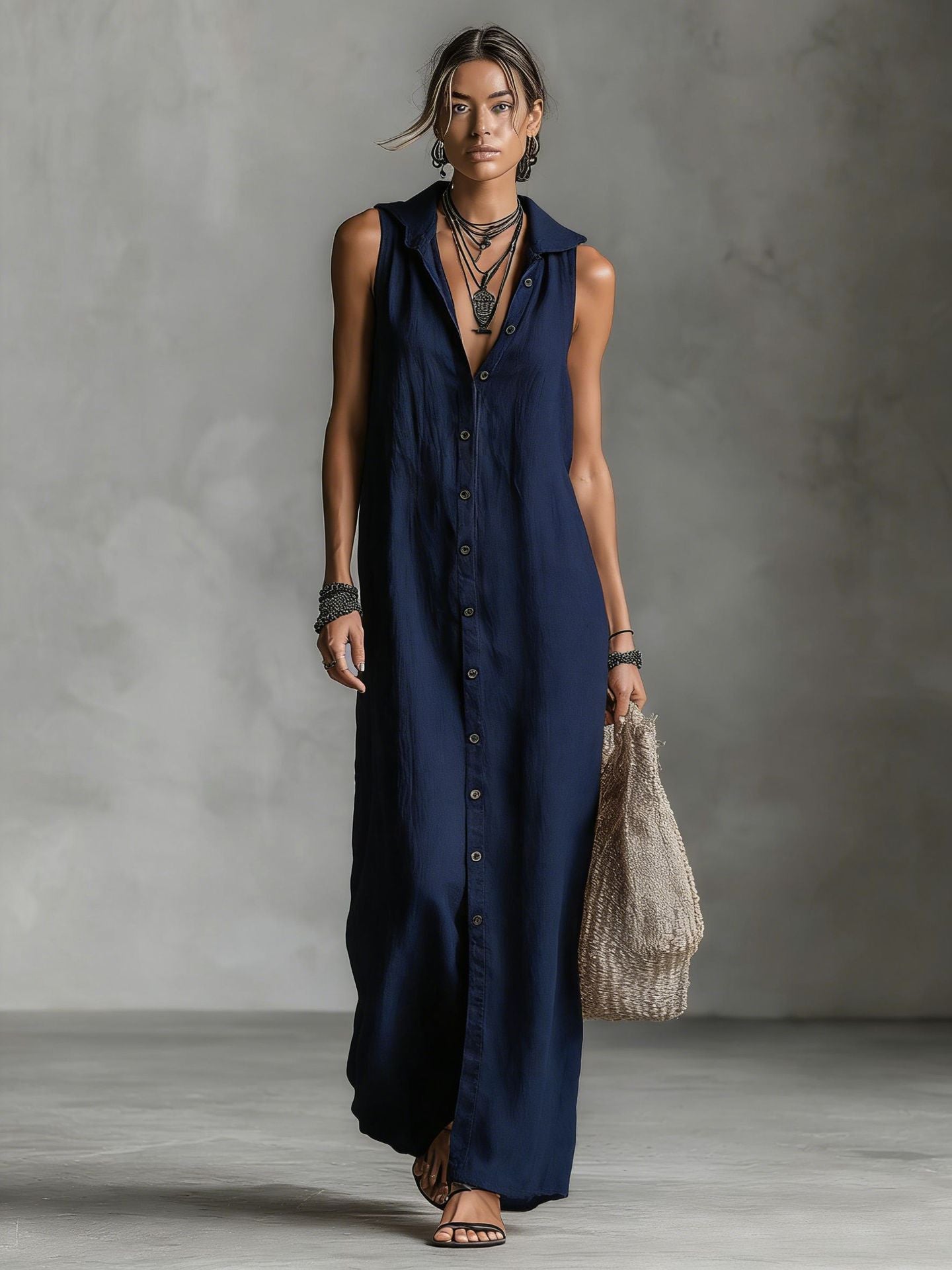 Women's Sleeveless Deep V-Neck Hooded Loose Maxi Dress – 6 Colors XS–3XL