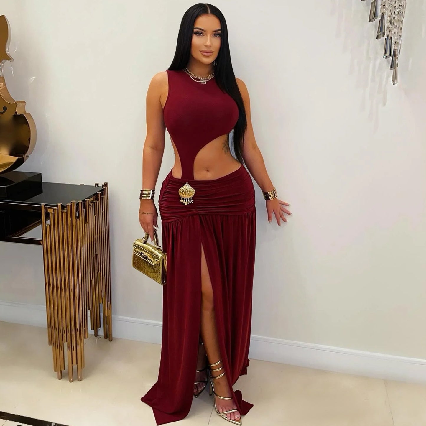 Fashion Women's Sexy Solid Color Sleeveless Crop Open Fork Dress