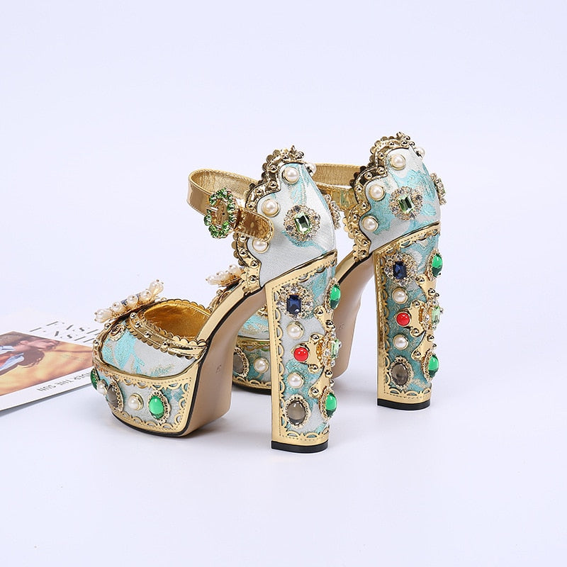 Summer Leather women sandals gold roman gladiator sandals square heel pearl sandles women platform sandals big size 41 42