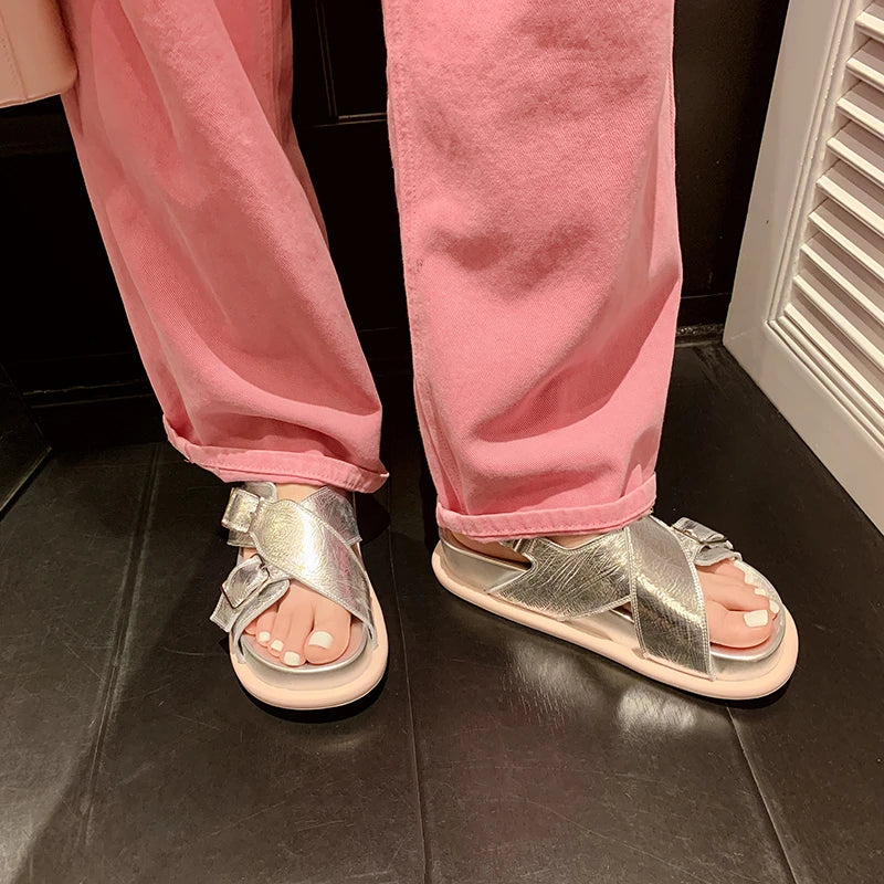 New Genuine Leather Sandals For Women Flats Heels Comfortable Summer Casual Shoes Woman Student Sandals Shoes