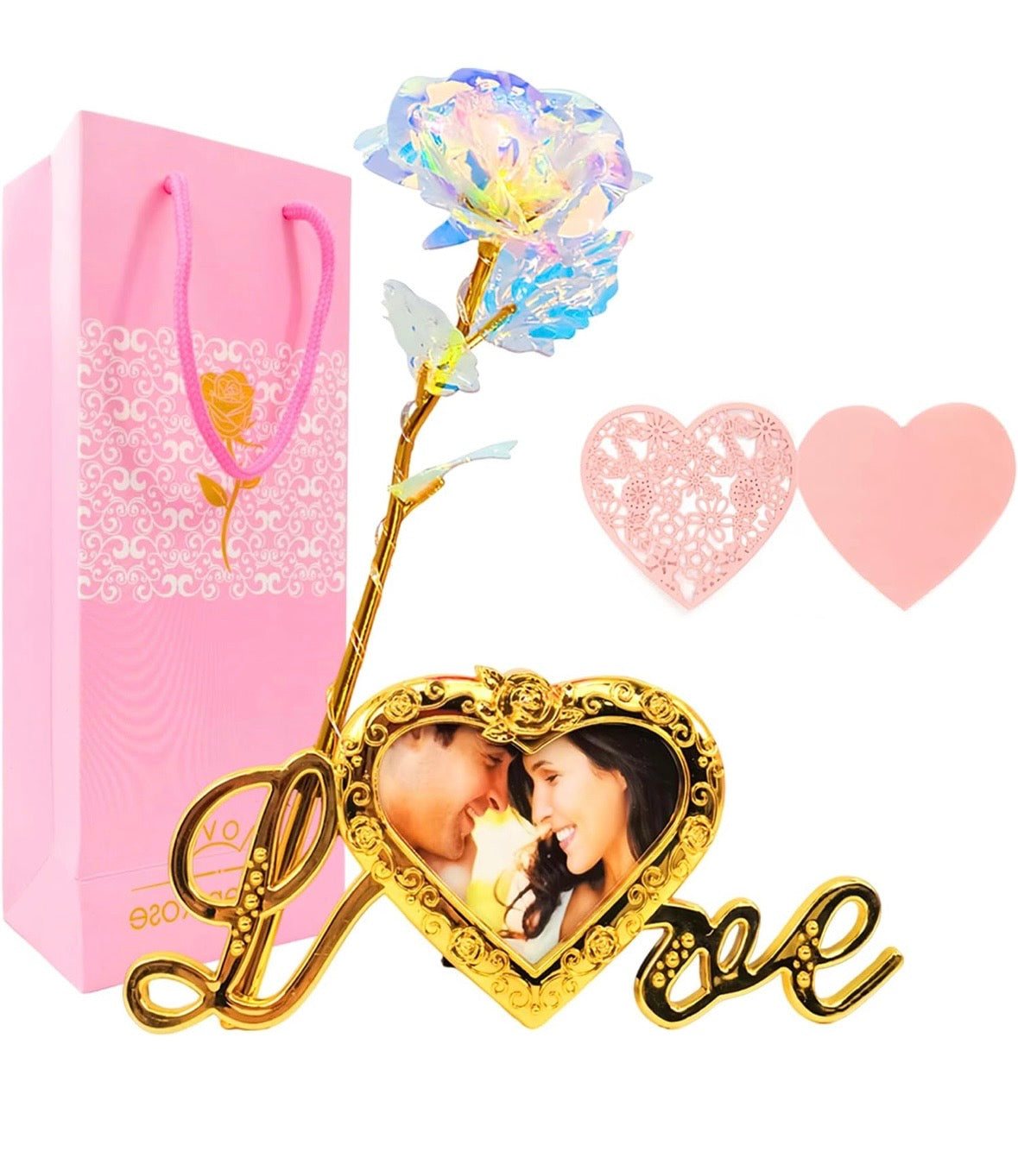 24K Gold Rose Gift For Her with Love Picture Frame Stand, Artificial Rose Flowers Gift