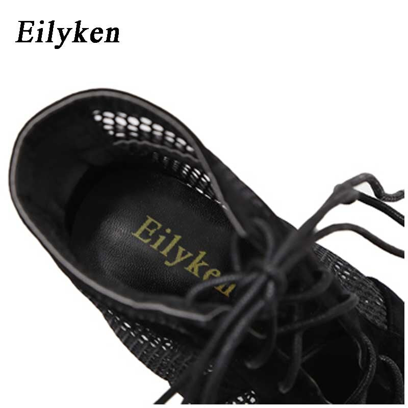 Fashion Black Net Fabric Cross-tied Sandals 2021 Summer Lace Up Peep Toe High Heels Ankle Strap Hollow Out Woman Shoes