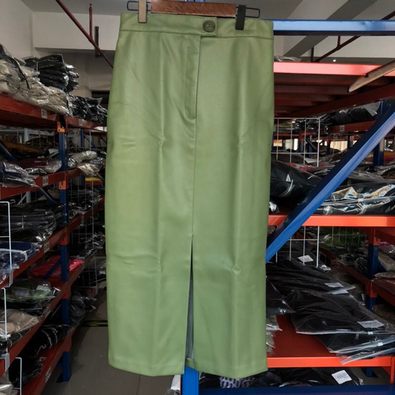 Fashionable Leather Skirt Khaki Blue Coffee Color Pu Medium Long High Waist Long Skirt