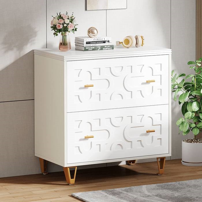 Retro White/Gold Geometric Scroll 2 Drawer Filing Cabinet Printer Stand-1
