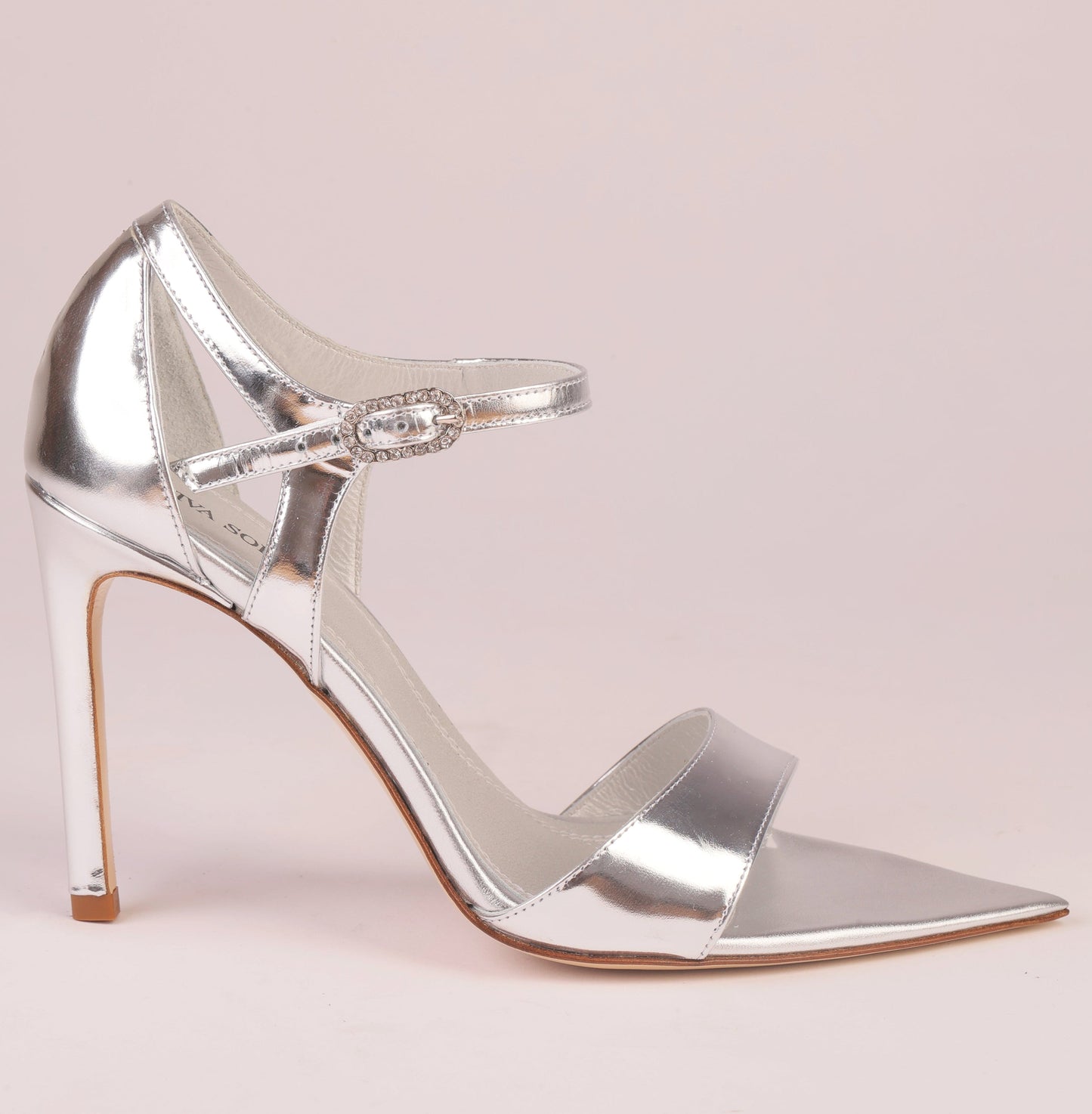 LUNA SILVER – Silver Mirror Nappa Sandal with Crystal Buckle