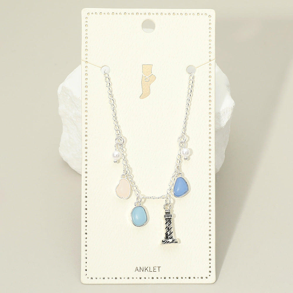 Lighthouse Sea Glass Pearl Charm Station Anklet