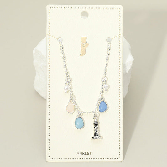 Lighthouse Sea Glass Pearl Charm Station Anklet