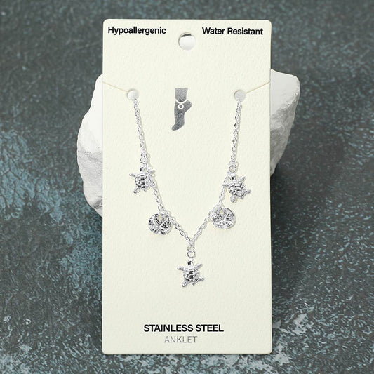 Stainless Steel Turtle Sand Dollar Charm Station Anklet