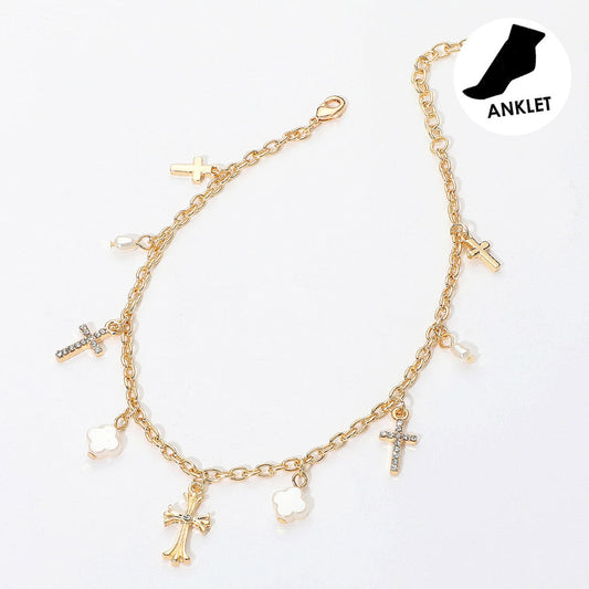 Cross Pearl Quatrefoil Charm Station Anklet