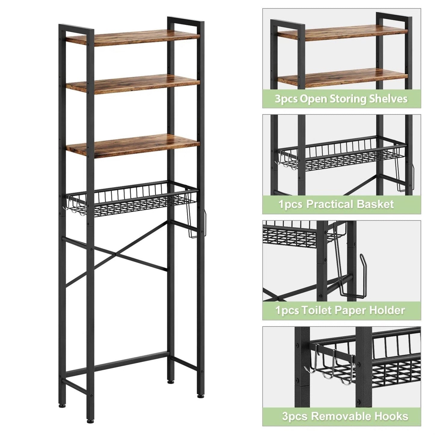 Over the Toilet Storage Freestanding Industrial Metal Wood Shelving Unit-3