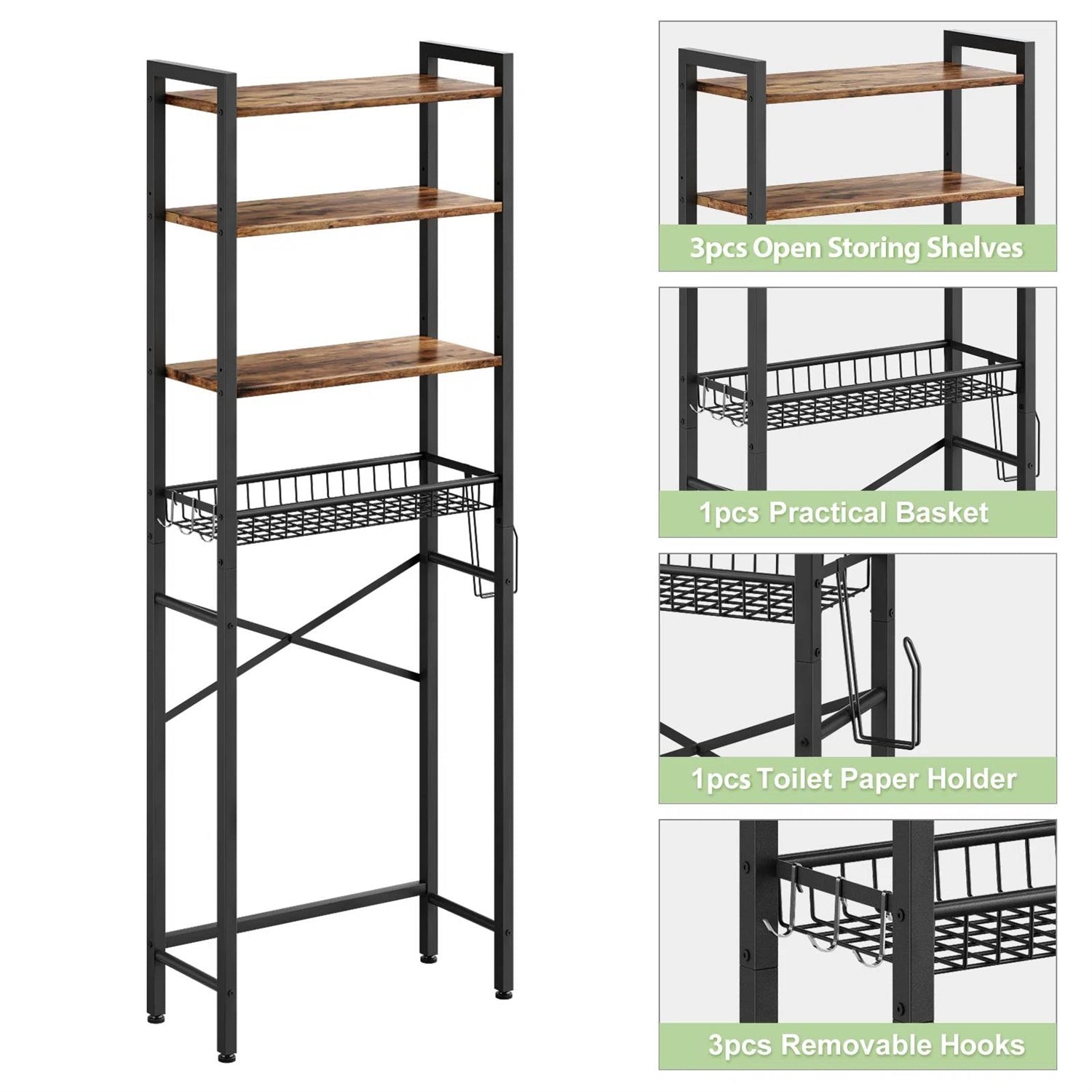 Over the Toilet Storage Freestanding Industrial Metal Wood Shelving Unit-3
