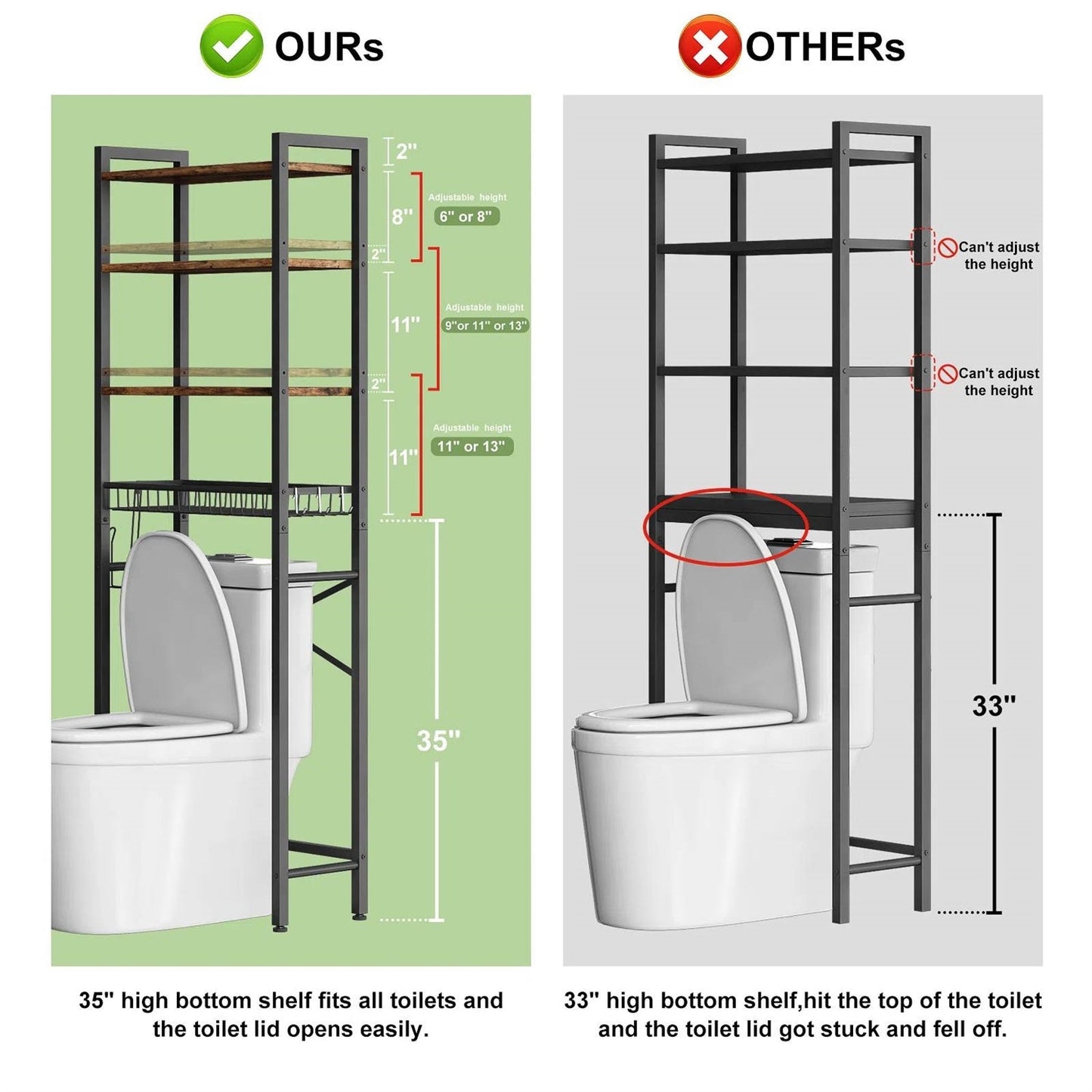 Over the Toilet Storage Freestanding Industrial Metal Wood Shelving Unit-4