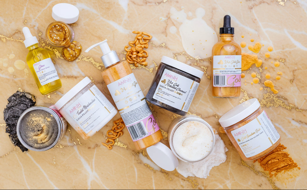 24K Gold Bundle- AMNH AMINNAH 24K Golden spa luxury skincare vegan cruelty free organic natural ingredients woman owned brand