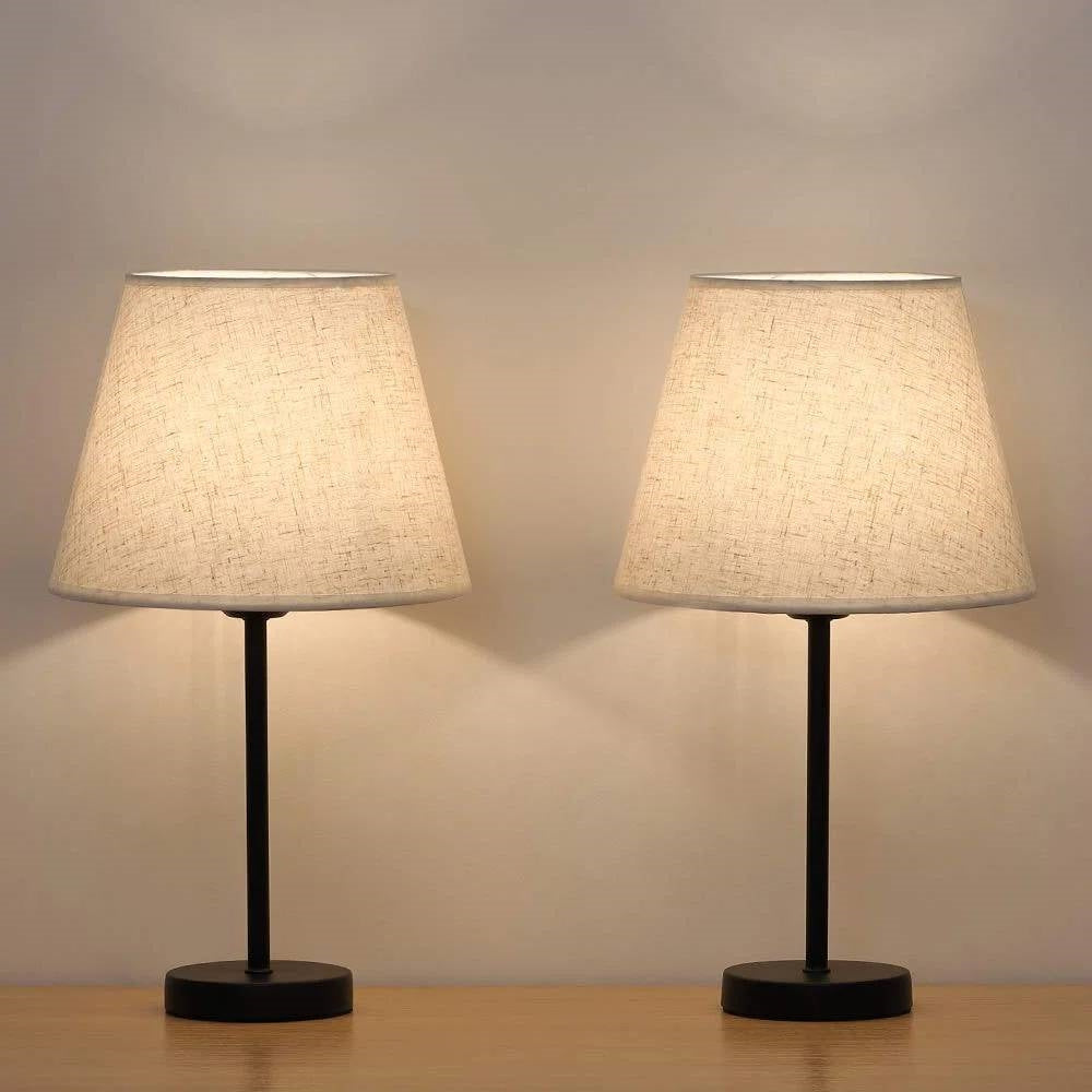 Set of 2 - Bedside Table Lamp with Cream Linen Shade and Black Base-0