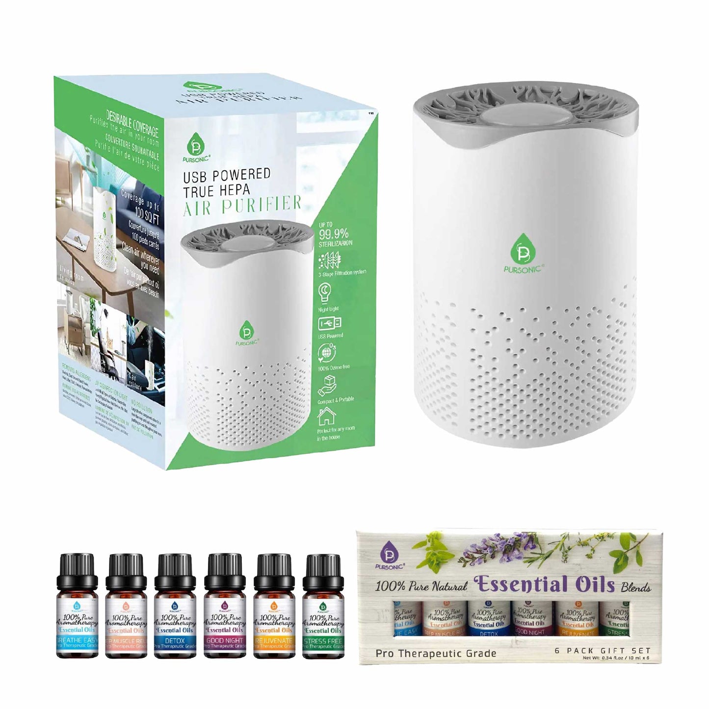 Pursonic Air Purifier with 6-Pack Premium Essential Oils Collection-3