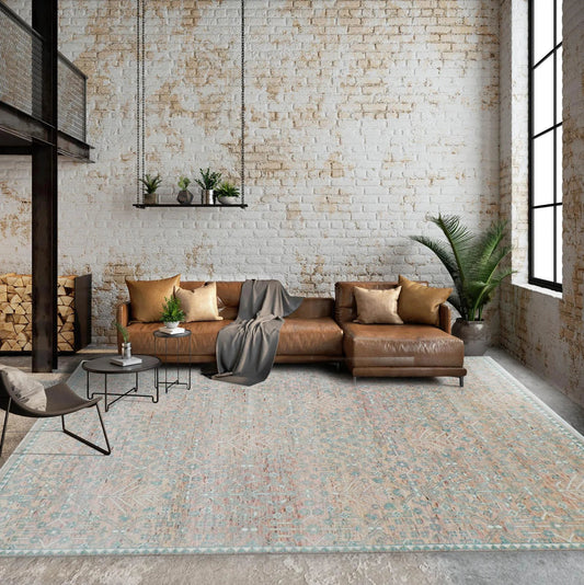 10' 2''x12' 11'' Blush, Aqua Color Hand Knotted LoomBloom Muted Turkish Oushak  100% Wool Transitional Oriental Area Rug-0