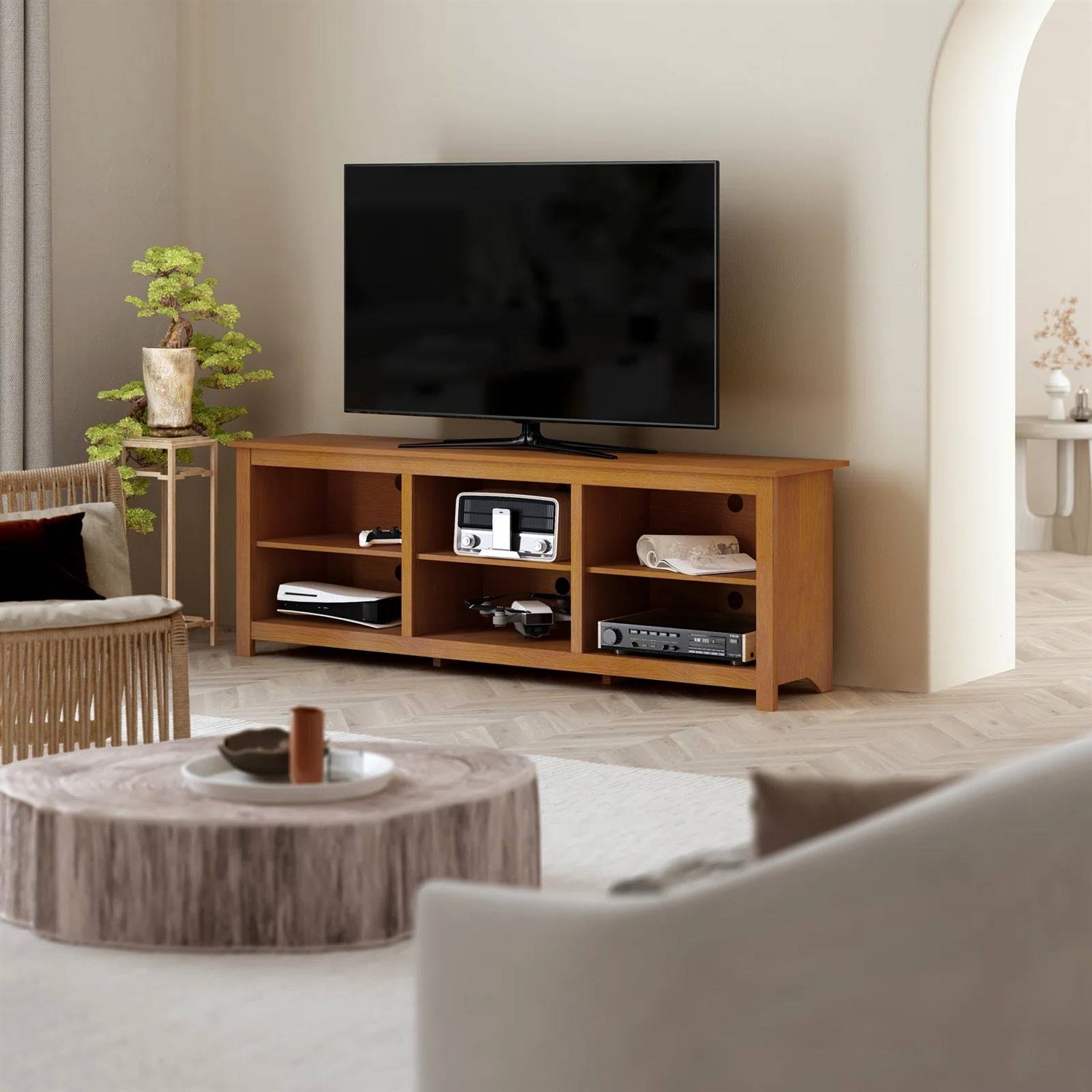 Farmhouse TV Stand in Amber Brown Wood Finish - for TVs up to 70-inch-2