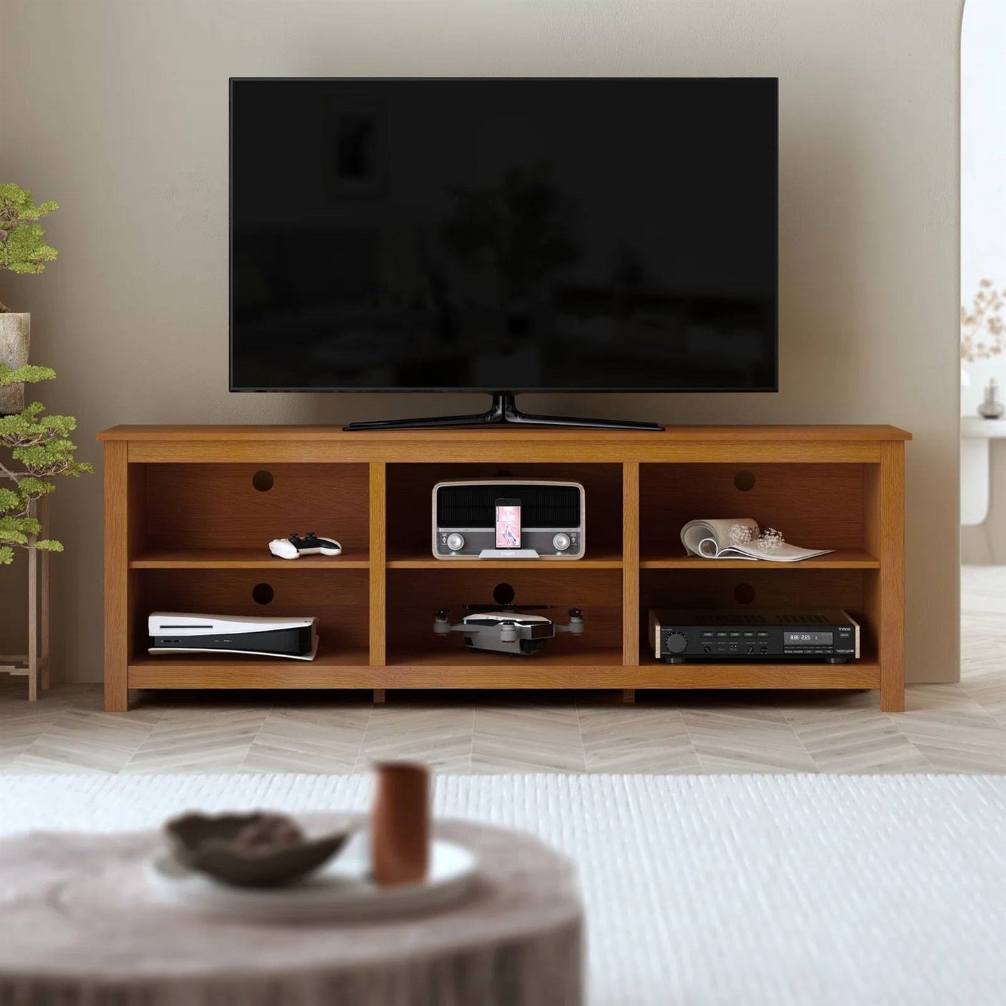 Farmhouse TV Stand in Amber Brown Wood Finish - for TVs up to 70-inch-3