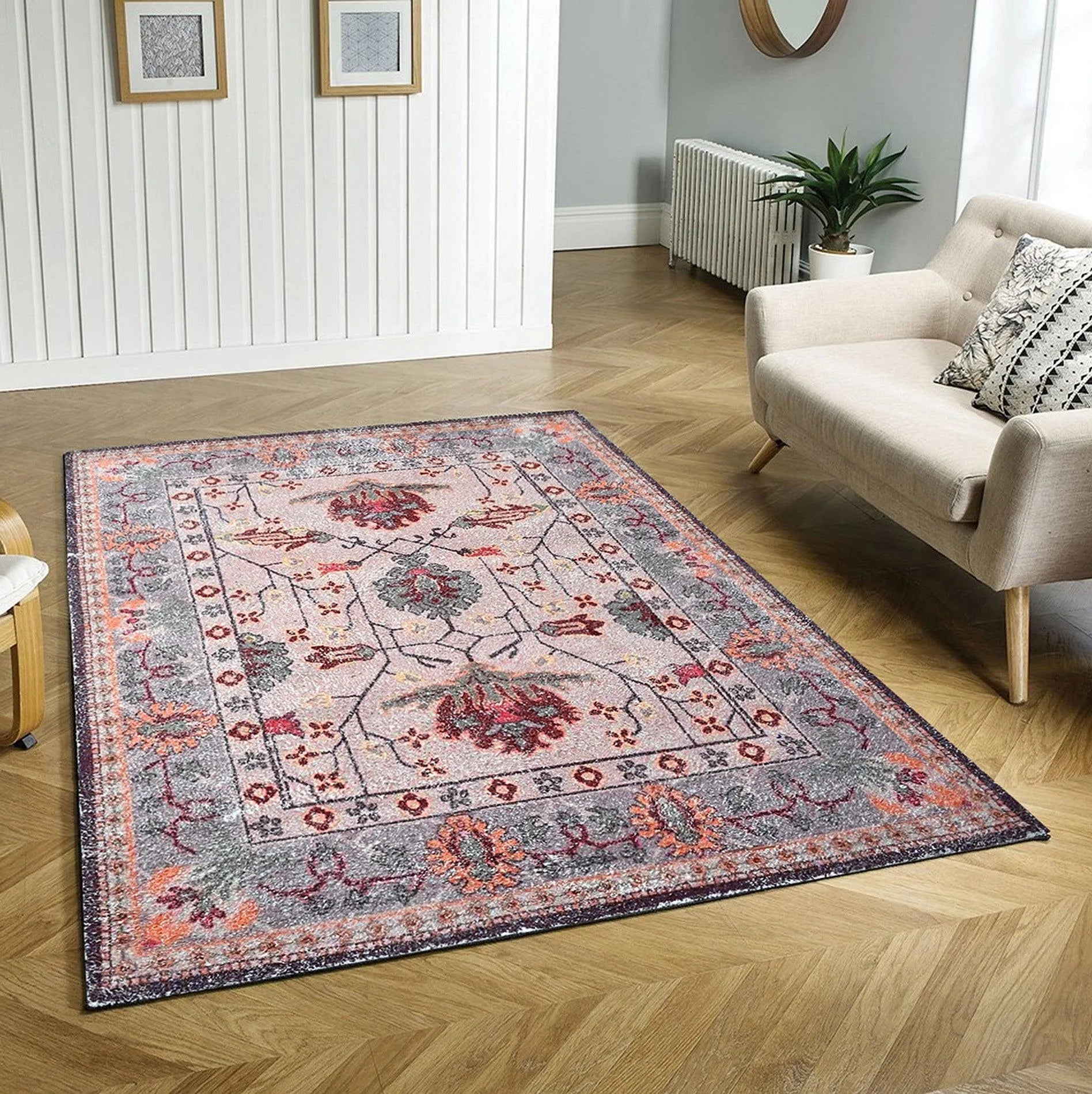 Multi Size Peach, Gray Handmade Hand-Woven Traditional Polyester Oriental Area Rug-0