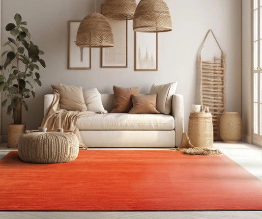 Multi Sizes Hand Loomed wool Plain Solid Minimalist Area Rug Burnt Orange-0