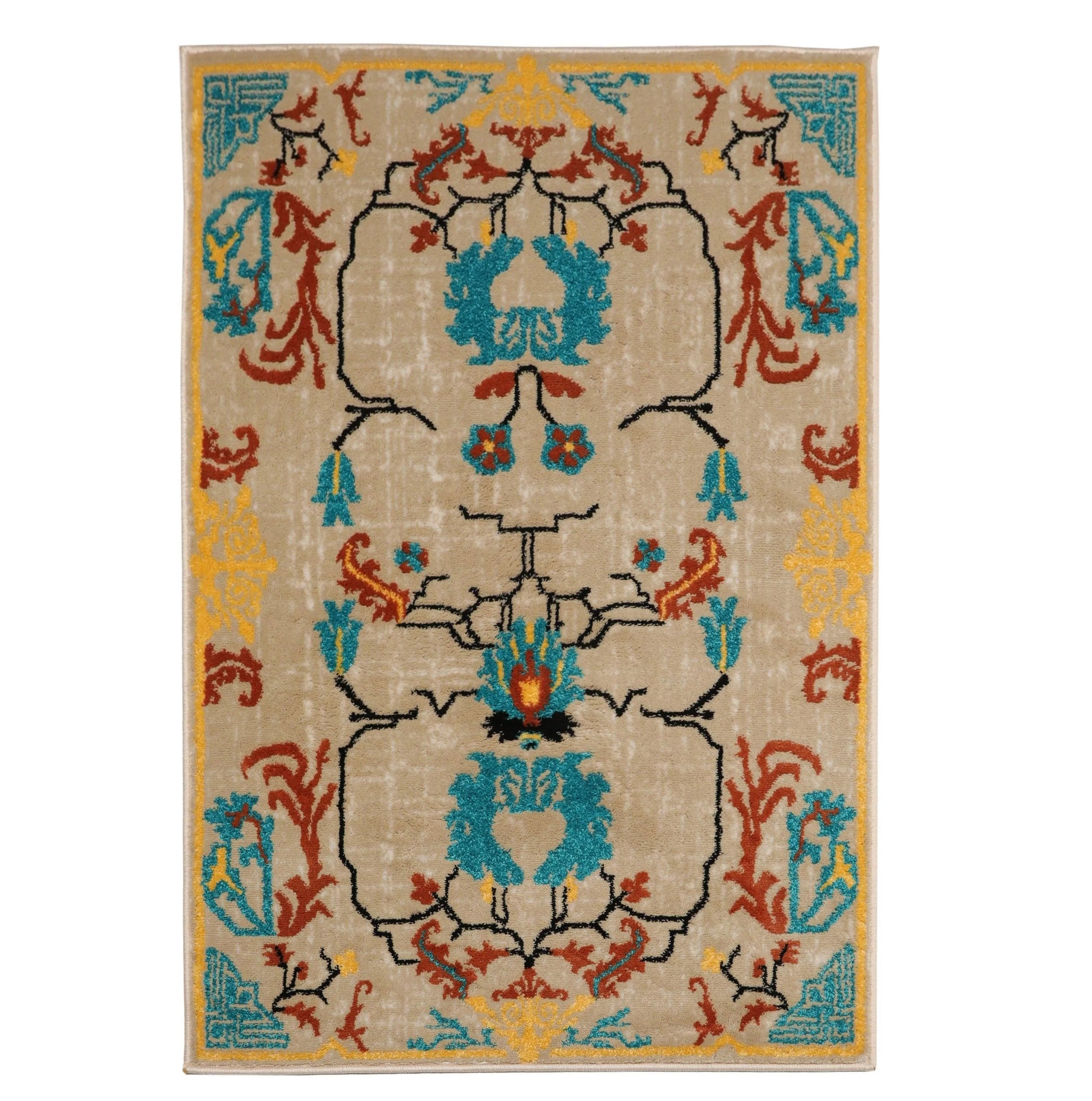 Multi Size Beige, Aqua Machine-Made Polypropylene Cavalier Design Traditional Persian Oriental Area Rug-5