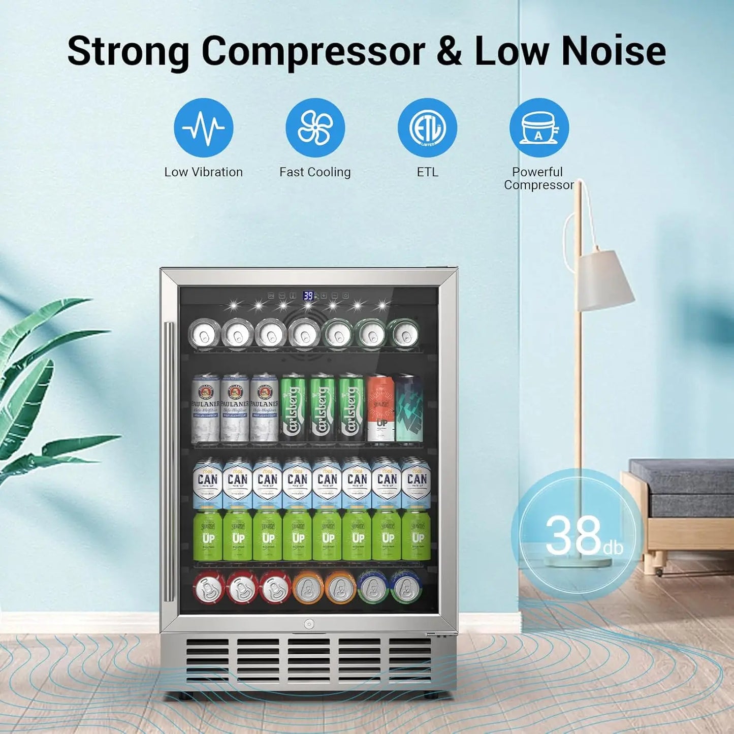 24 Inch Beverage Refrigerator 190 Cans Built-in/Freestanding Beverage Cooler Digital Memory Under Counter Beer Fridge Glass Door