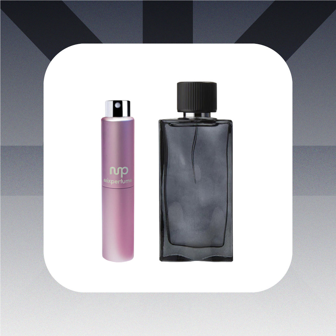 Two perfume bottles, one purple and one black, on a gradient background.