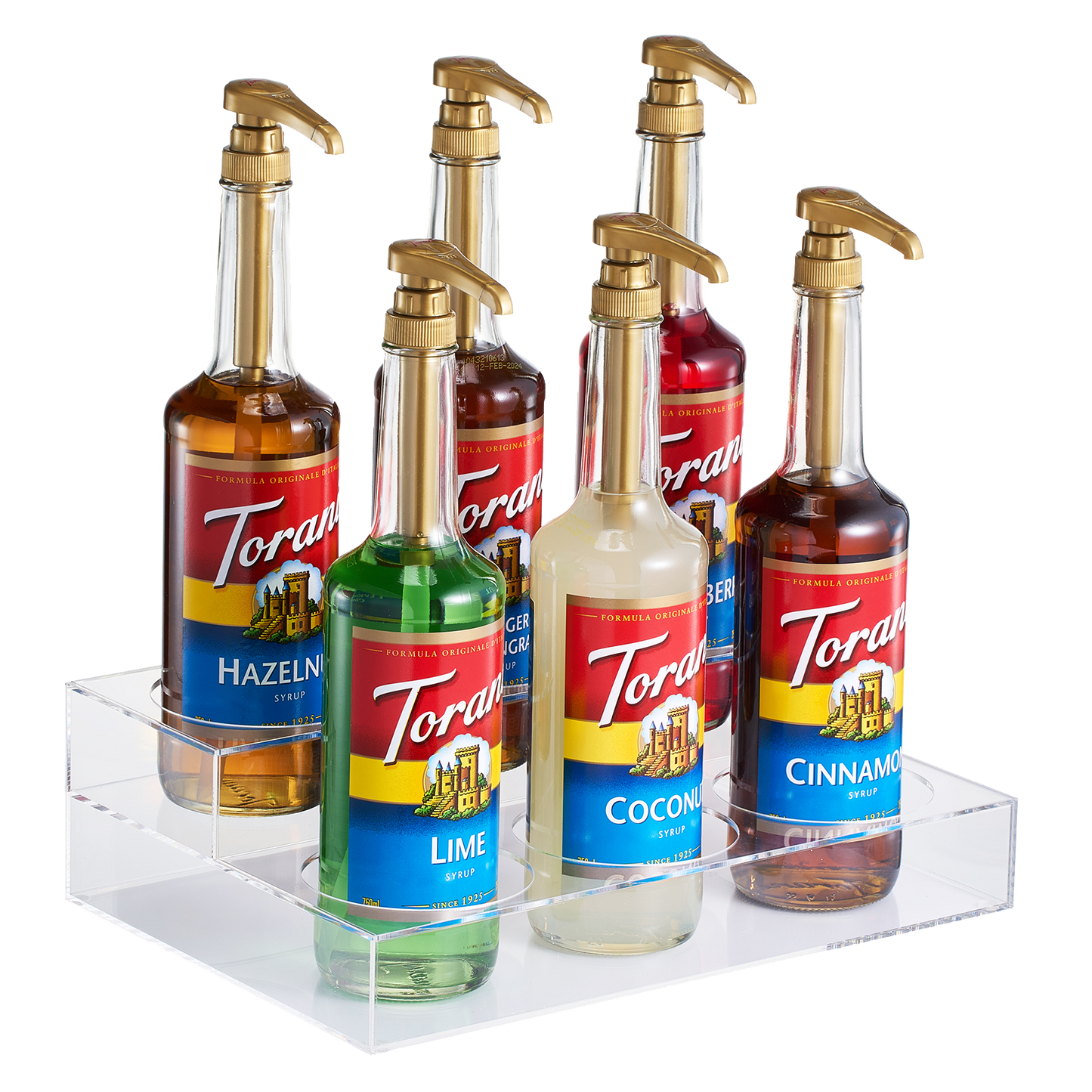 Acrylic Bottle Holder, Coffee Syrup Rack Display Case | 2-Tiered 6 Bottle | Wine Bar Bottle Rack, Clear Shelf Rack for Kitchen, Countertop, Fridge Pantry Storage Organizer - Wine, Soda, Cans, Liquor-0