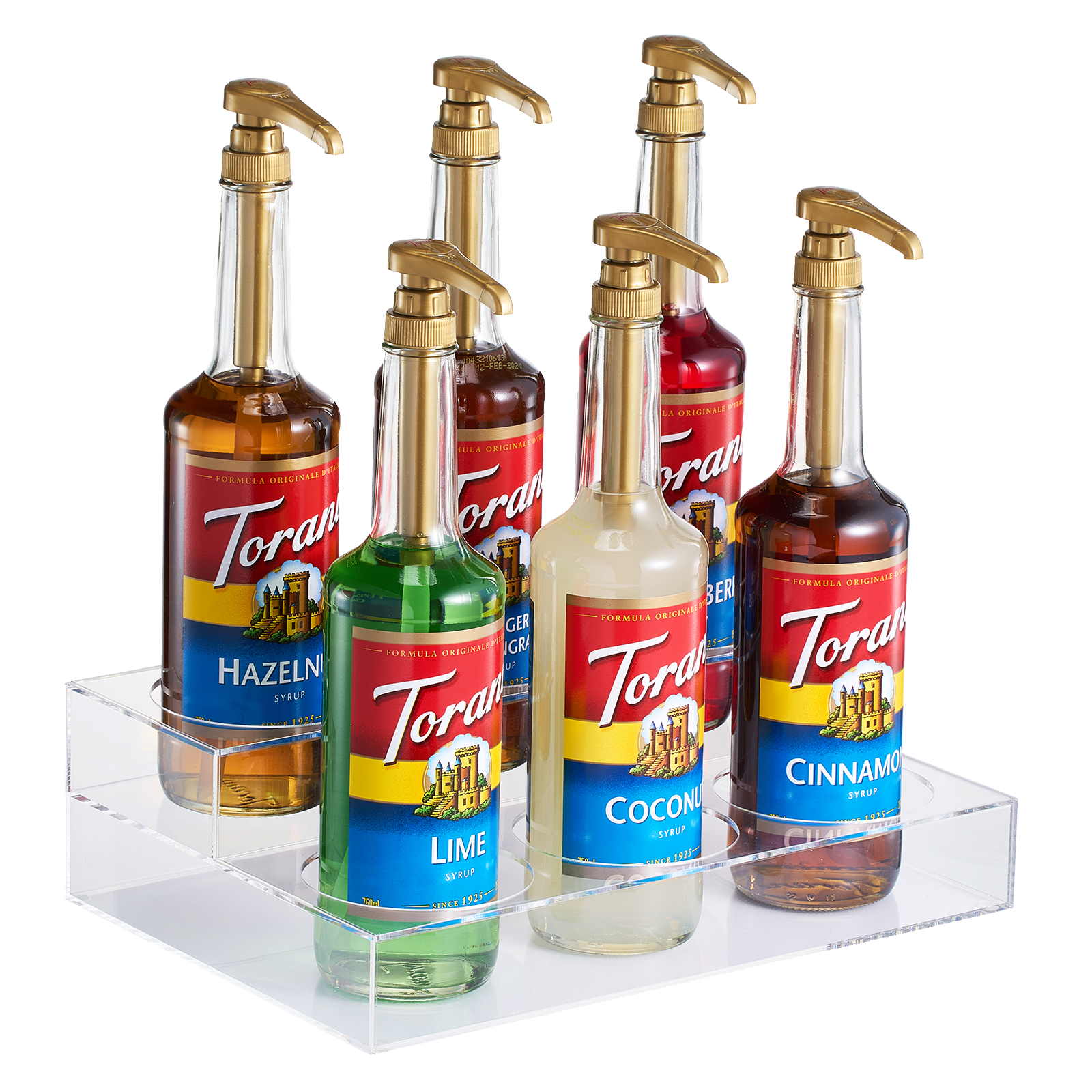 Acrylic Bottle Holder, Coffee Syrup Rack Display Case | 2-Tiered 6 Bottle | Wine Bar Bottle Rack, Clear Shelf Rack for Kitchen, Countertop, Fridge Pantry Storage Organizer - Wine, Soda, Cans, Liquor-0