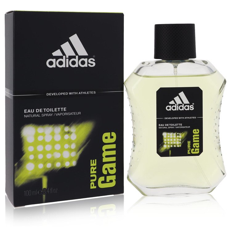 Adidas Pure Game Eau de Toilette bottle and packaging on a white background. Adidas Pure Game by Adidas Eau De Toilette Spray 3.4 oz for Men