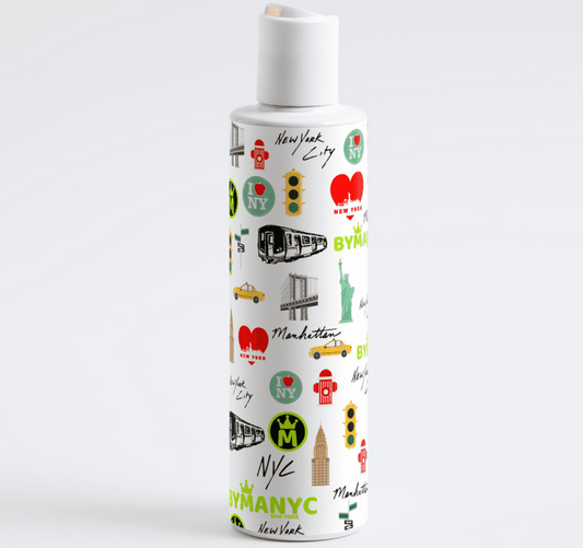 White bottle with New York City-themed design on a white background