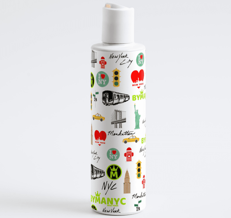 White bottle with New York City-themed design on a white background