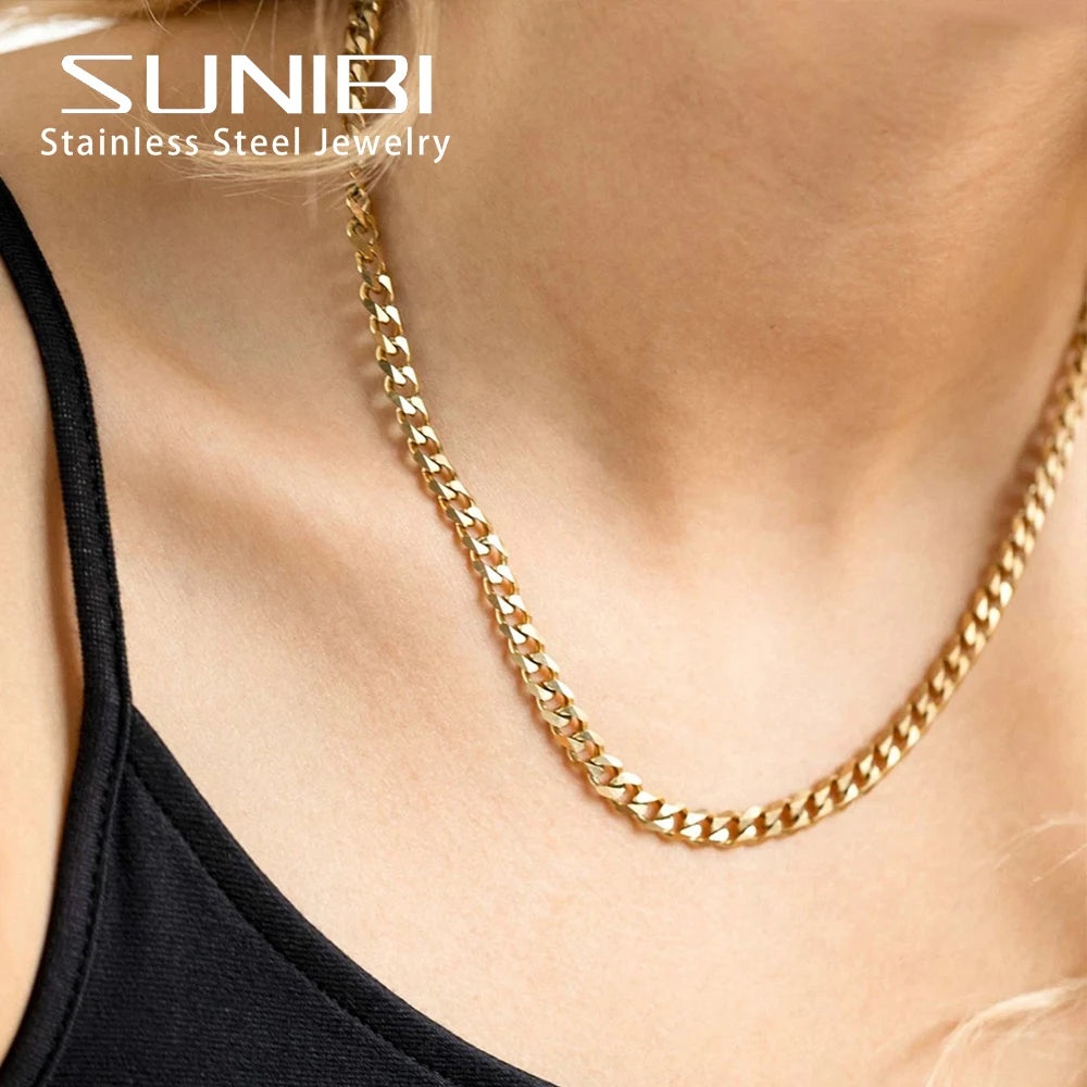 2/3/4/6/8mm Stainless Steel Necklace for Women Basic Punk Gold Color Choker Colar Cuban Link Chain Necklace Jewelry Wholesale
