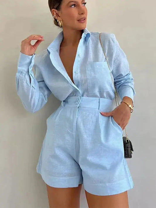 Loose Long Sleeve Blouse & Casual Short Set