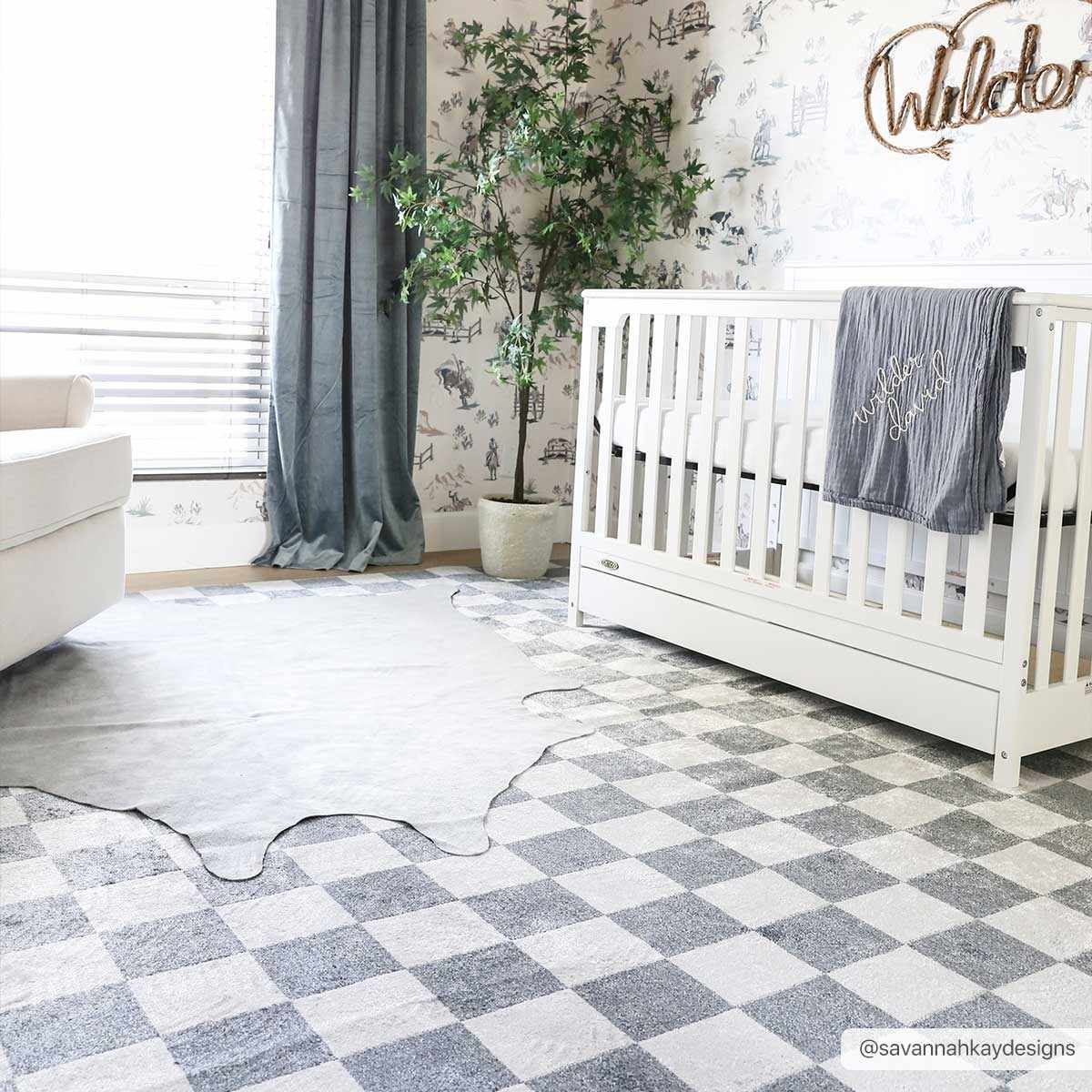 Alie Blue Gray Checkered Washable Rug-2