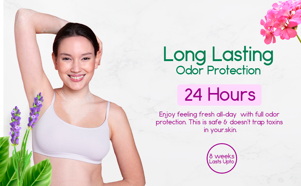 Woman wearing a white bra with text about long-lasting odor protection on a white background