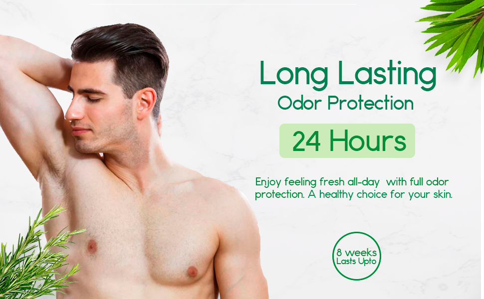 Man with a clean-shaven chest and arms, surrounded by green leaves, with text about long-lasting odor protection.