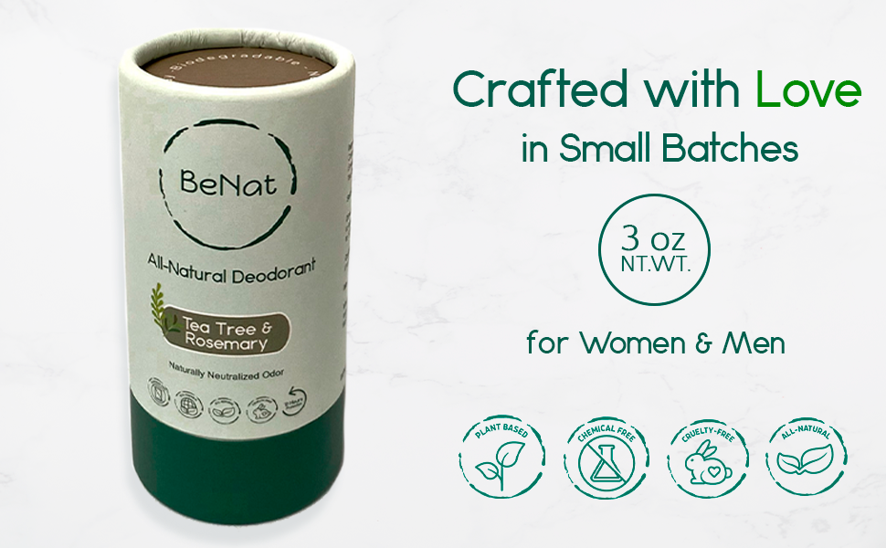 BeNat all-natural deodorant container with branding and product details on a white background