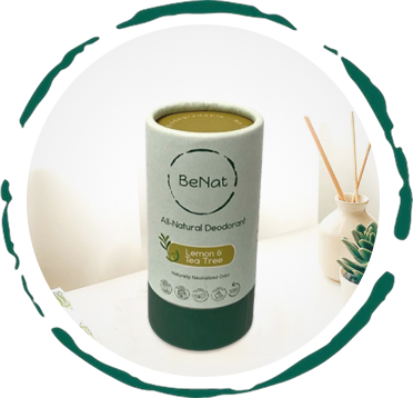 BeNat all-natural deodorant canister with a blurred background