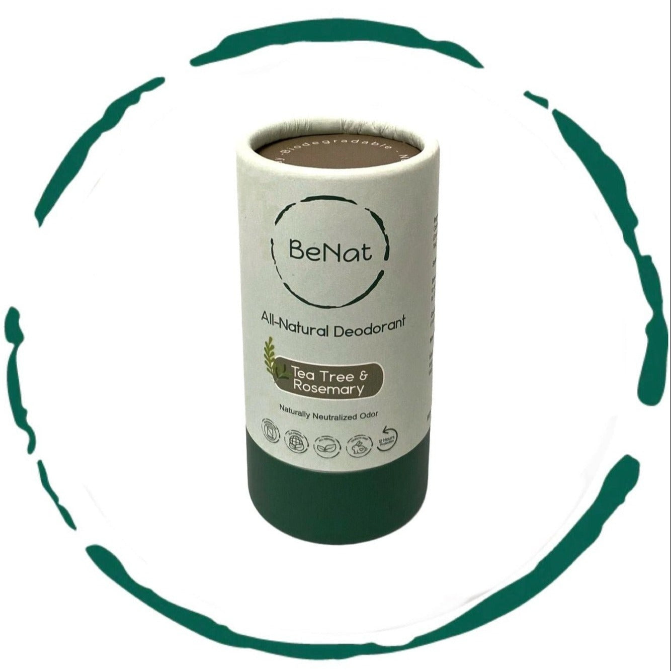 BeNot all-natural deodorant container with green accents on a white background