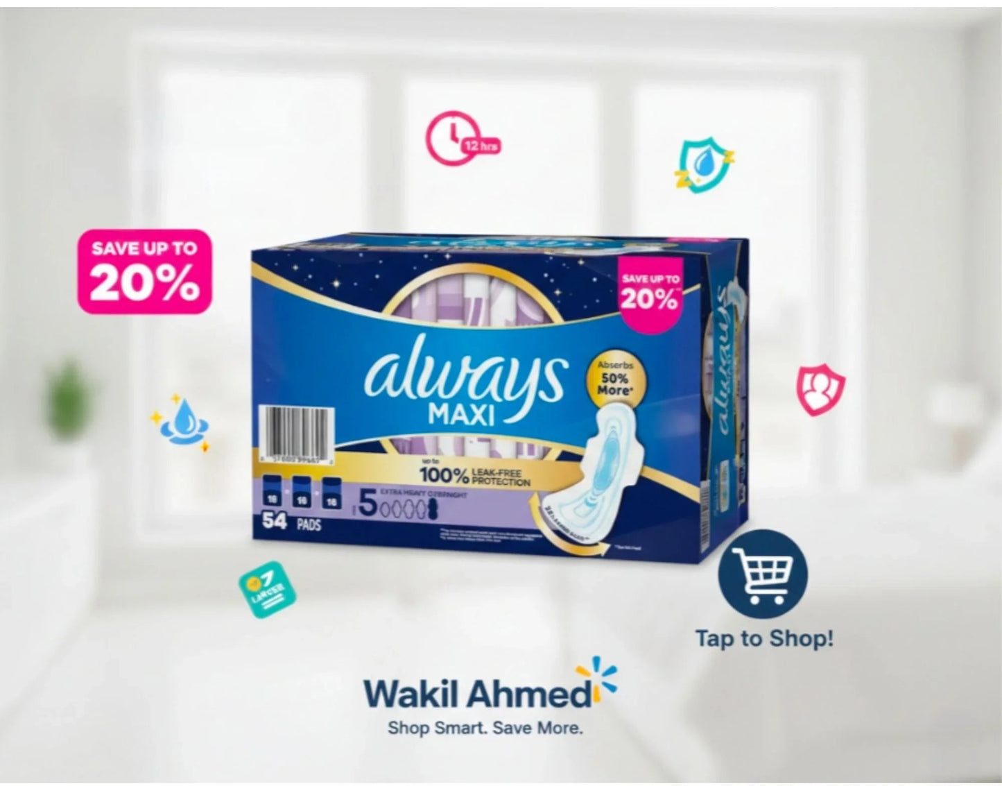 Always Maxi Overnight Pads with Wings, Size 5, 54 ct.