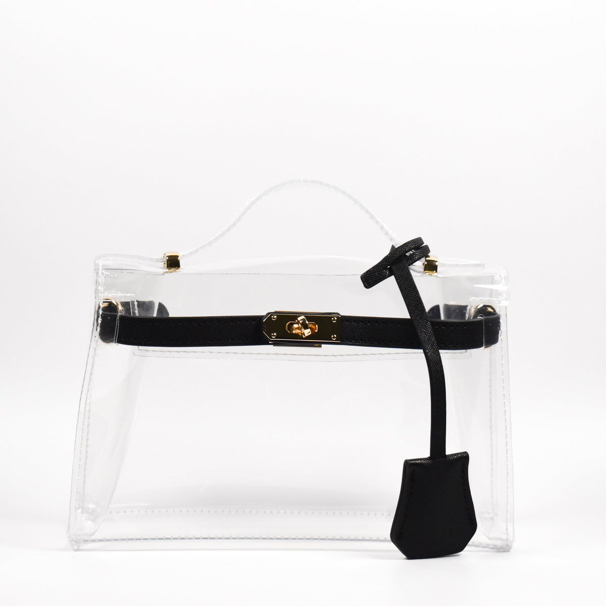 Clear handbag with black strap and clasp on a white background