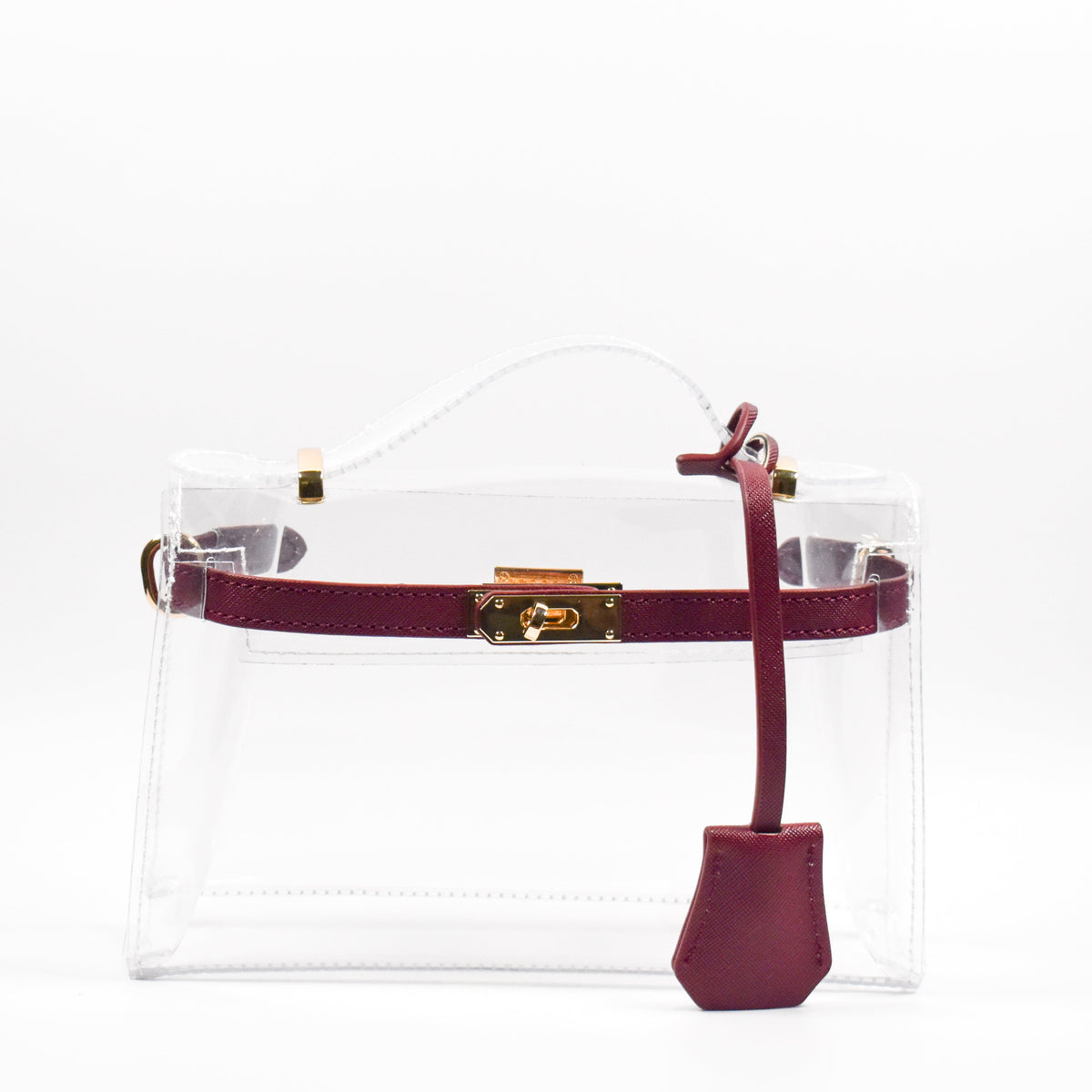 Clear handbag with a purple strap and clasp on a white background