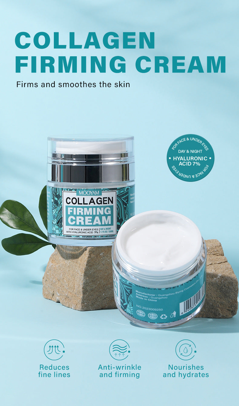 Collagen firming cream with packaging on a light blue background