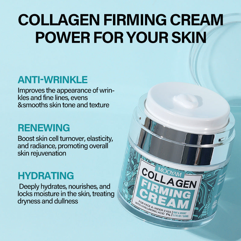 Collagen firming cream jar with product benefits on a light blue background