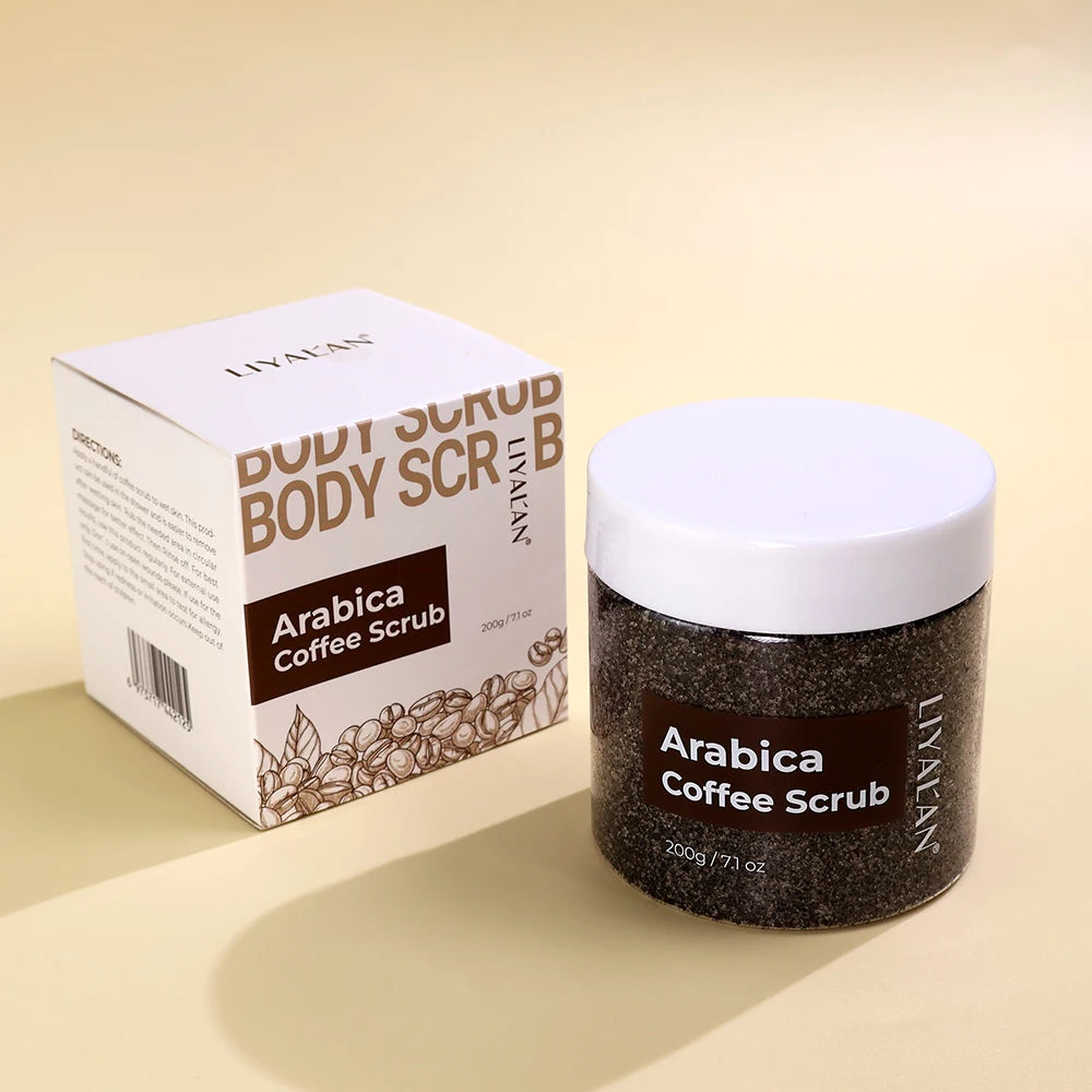 Arabica Coffee Scrub jar and box on a beige background