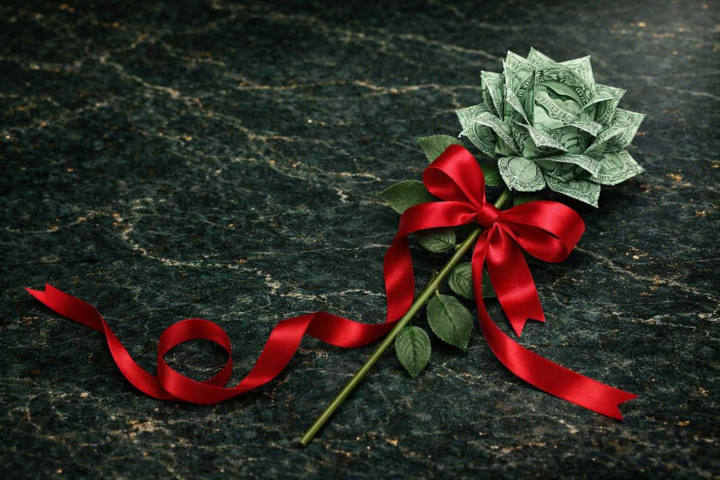 Artificial green flower with a red ribbon on a dark textured surface Money flower with a red ribbon on a textured green background Woman holding a bouquet of green flowers against a neutral background Green artificial rose with measurement details on a white  Origami-style money flower made from dollar bills on a white background Money flower made from dollar bills with a red ribbon 💎 LuxeByMimi — Signature Money Lotus Rose Servicebackground